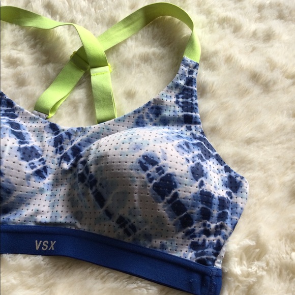 💕HP!💕 VSX | Blue White Neon Yellow Mesh Tie Dye Sports Bra - Picture 6 of 11
